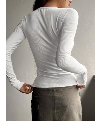 2024 Long Sleeve Shirts for Women V Neck Henley Tops Slim Fit Basic Ribbed Knit Button Down T Shirts Y2K Tops White $14.78 Tops