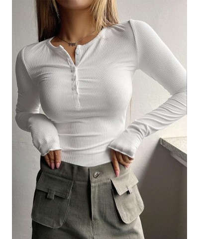 2024 Long Sleeve Shirts for Women V Neck Henley Tops Slim Fit Basic Ribbed Knit Button Down T Shirts Y2K Tops White $14.78 Tops