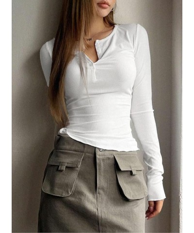 2024 Long Sleeve Shirts for Women V Neck Henley Tops Slim Fit Basic Ribbed Knit Button Down T Shirts Y2K Tops White $14.78 Tops