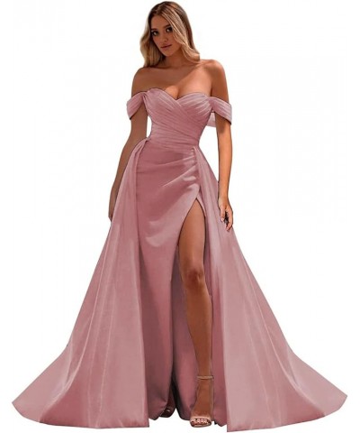 Off The Shoulder Mermaid Prom Dresses for Woman 2024 Satin Split Formal Evening Party Gown with Train Dusty Rose $29.20 Dresses