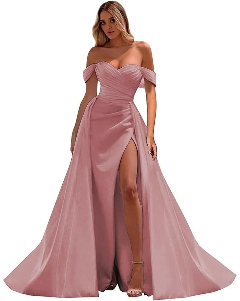 Off The Shoulder Mermaid Prom Dresses for Woman 2024 Satin Split Formal Evening Party Gown with Train Dusty Rose $29.20 Dresses