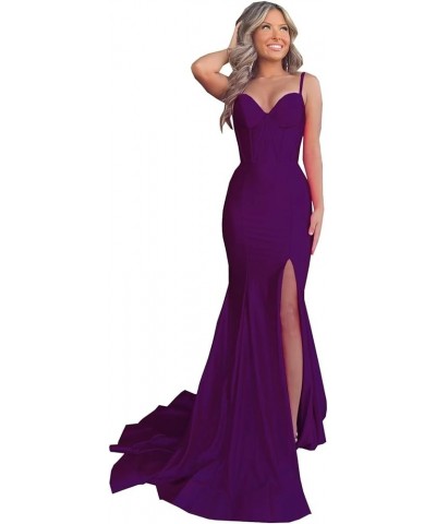 Satin Prom Dresses Long 2024 Sexy Side Slit Evening Gowns Mermaid Spaghetti Straps Formal Party Dresses Grape $34.02 Dresses