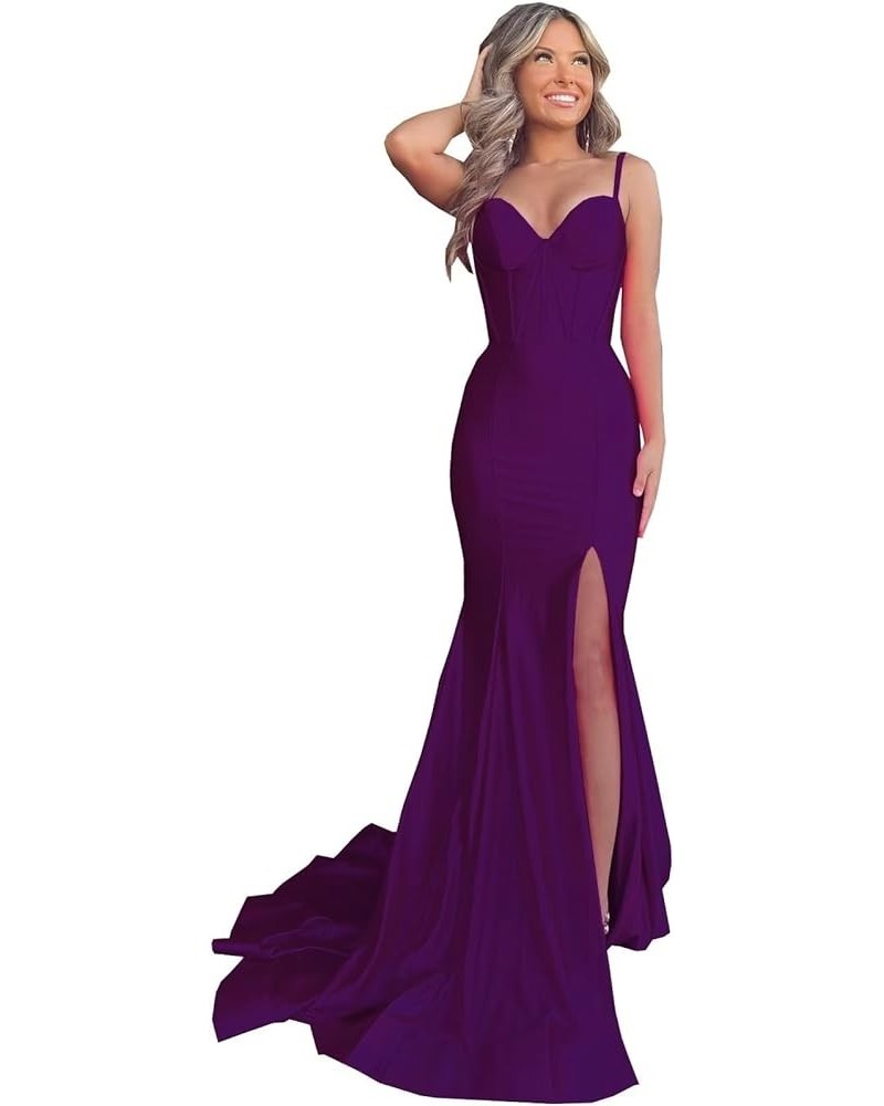 Satin Prom Dresses Long 2024 Sexy Side Slit Evening Gowns Mermaid Spaghetti Straps Formal Party Dresses Grape $34.02 Dresses