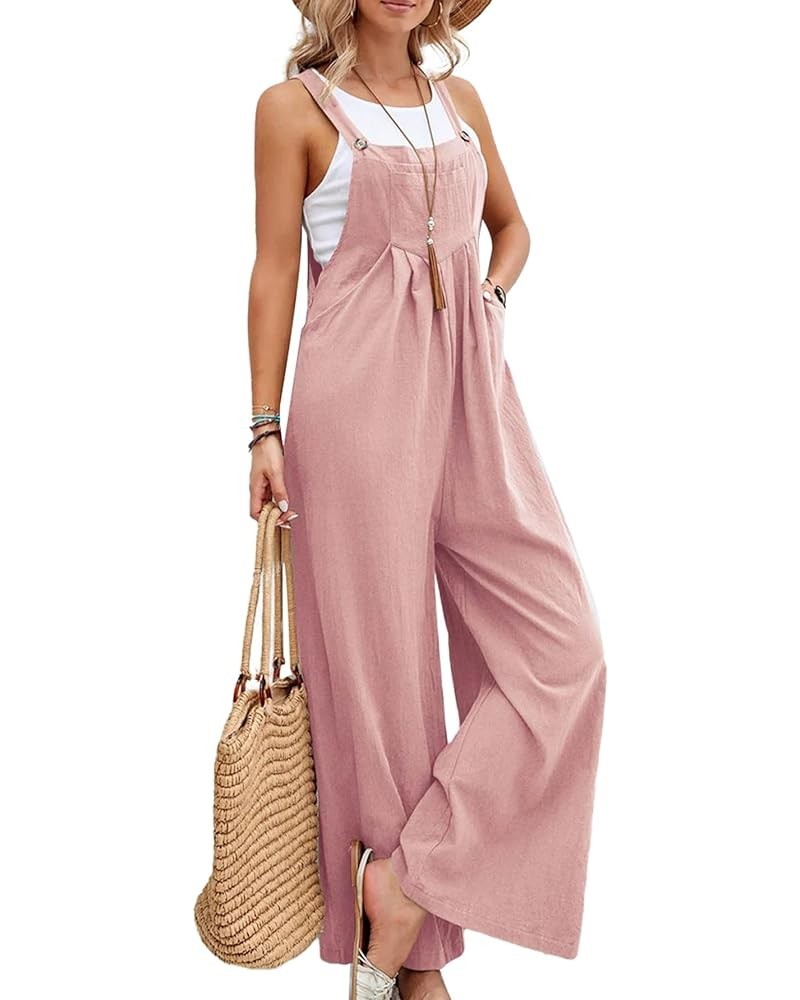 Women's Baggy Wide Leg Cotton Linen Overalls Strapy Jumpsuit Long Romper with Pockets Pink $14.08 Overalls