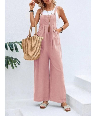 Women's Baggy Wide Leg Cotton Linen Overalls Strapy Jumpsuit Long Romper with Pockets Pink $14.08 Overalls