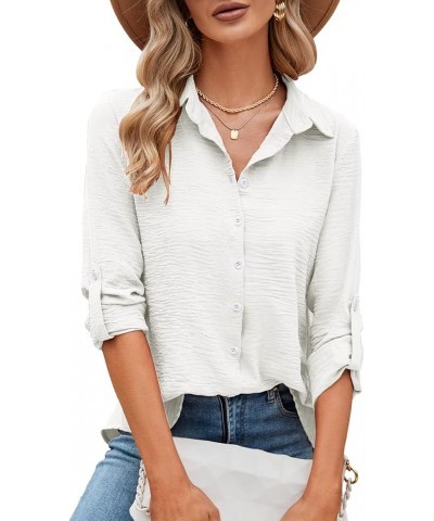 Womens Casual V Neck Roll Up 3/4 Sleeve Loose Plain Chiffon Button Down Business Tops Tunic Blouse Shirts White $18.59 Blouses