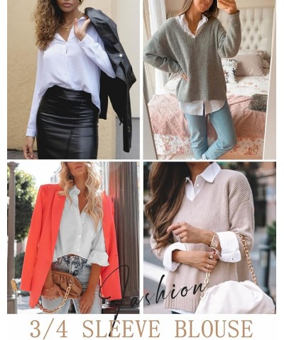 Womens Casual V Neck Roll Up 3/4 Sleeve Loose Plain Chiffon Button Down Business Tops Tunic Blouse Shirts White $18.59 Blouses