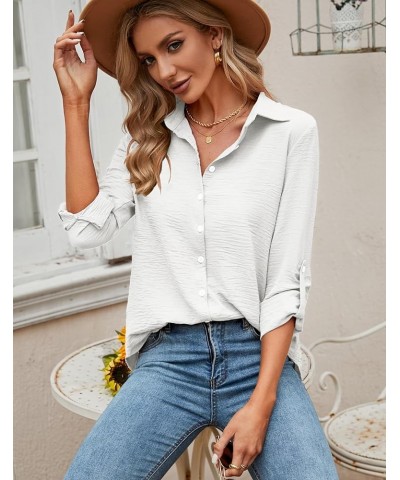 Womens Casual V Neck Roll Up 3/4 Sleeve Loose Plain Chiffon Button Down Business Tops Tunic Blouse Shirts White $18.59 Blouses