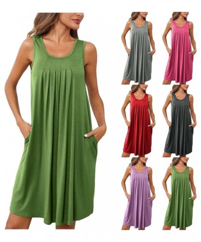 Sundresses for Women 2024 Trendy Sleeveless Vest Dress Casual Loose Ruched Solid Color Tank Mini Dress with Pocket Green Ss02...