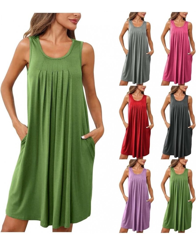 Sundresses for Women 2024 Trendy Sleeveless Vest Dress Casual Loose Ruched Solid Color Tank Mini Dress with Pocket Green Ss02...