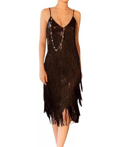 Women Sexy Sequin Fringe Bodycon Mini Spaghetti Strap V Neck Backless Vintage Tassel Sparkly Party Club Dance Dress D-black $...