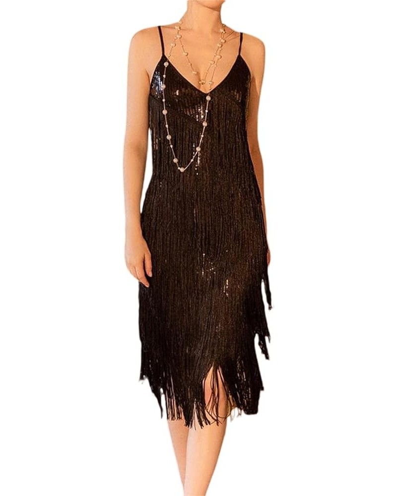 Women Sexy Sequin Fringe Bodycon Mini Spaghetti Strap V Neck Backless Vintage Tassel Sparkly Party Club Dance Dress D-black $...