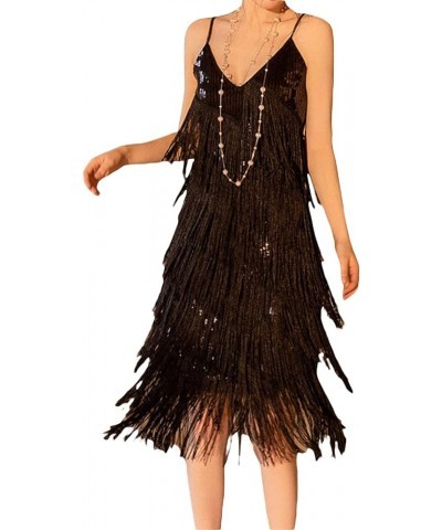 Women Sexy Sequin Fringe Bodycon Mini Spaghetti Strap V Neck Backless Vintage Tassel Sparkly Party Club Dance Dress D-black $...