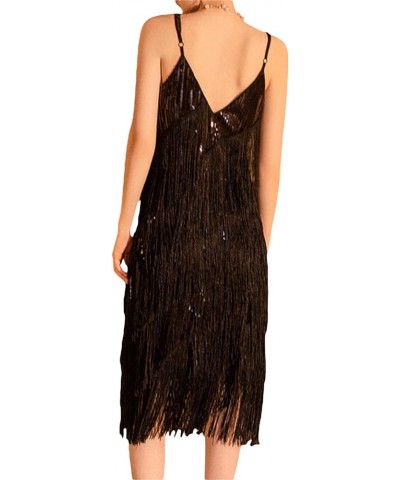 Women Sexy Sequin Fringe Bodycon Mini Spaghetti Strap V Neck Backless Vintage Tassel Sparkly Party Club Dance Dress D-black $...