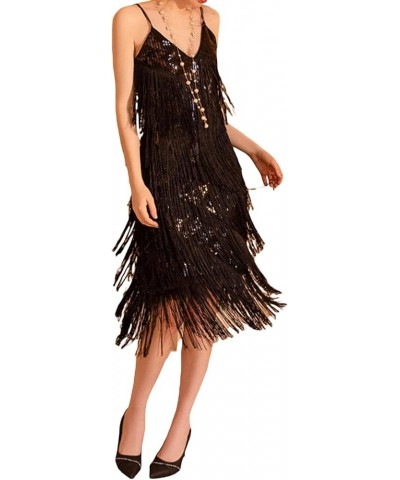 Women Sexy Sequin Fringe Bodycon Mini Spaghetti Strap V Neck Backless Vintage Tassel Sparkly Party Club Dance Dress D-black $...