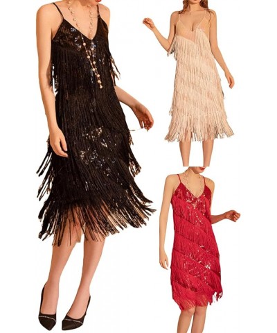 Women Sexy Sequin Fringe Bodycon Mini Spaghetti Strap V Neck Backless Vintage Tassel Sparkly Party Club Dance Dress D-black $...