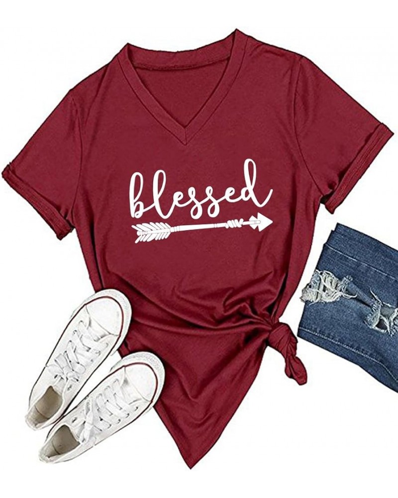 Women's V-Neck Summer Casual Letters Printed Short Sleeves Graphic T-Shirt Wine Red $11.20 T-Shirts