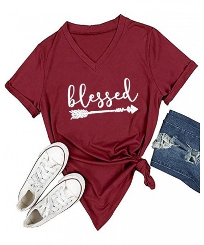 Women's V-Neck Summer Casual Letters Printed Short Sleeves Graphic T-Shirt Wine Red $11.20 T-Shirts