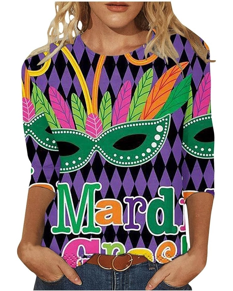 Mardi Gras Shirt for Women 2024 Carnival Themed Outfit Party Mask Graphic 3/4 Sleeve Tunic Tops Crewneck Parade Tshirt 02-dar...