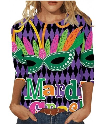 Mardi Gras Shirt for Women 2024 Carnival Themed Outfit Party Mask Graphic 3/4 Sleeve Tunic Tops Crewneck Parade Tshirt 02-dar...