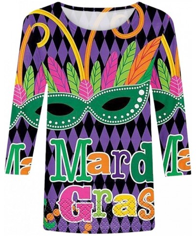 Mardi Gras Shirt for Women 2024 Carnival Themed Outfit Party Mask Graphic 3/4 Sleeve Tunic Tops Crewneck Parade Tshirt 02-dar...