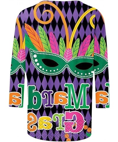 Mardi Gras Shirt for Women 2024 Carnival Themed Outfit Party Mask Graphic 3/4 Sleeve Tunic Tops Crewneck Parade Tshirt 02-dar...