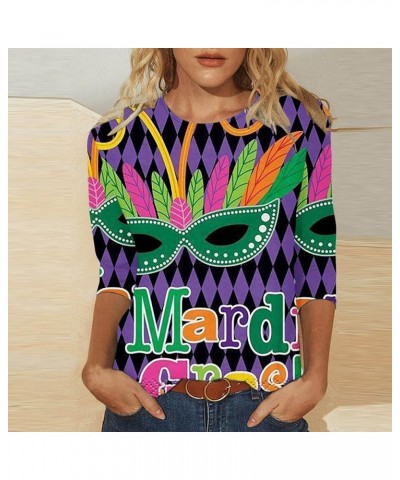 Mardi Gras Shirt for Women 2024 Carnival Themed Outfit Party Mask Graphic 3/4 Sleeve Tunic Tops Crewneck Parade Tshirt 02-dar...