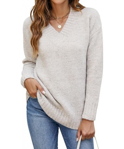 Women Casual Long Sleeve Sweaters Soft Loose Fit Cable Knit Pullover V Neck Oversized Tunic Sweater Tops Light Apricot $23.39...