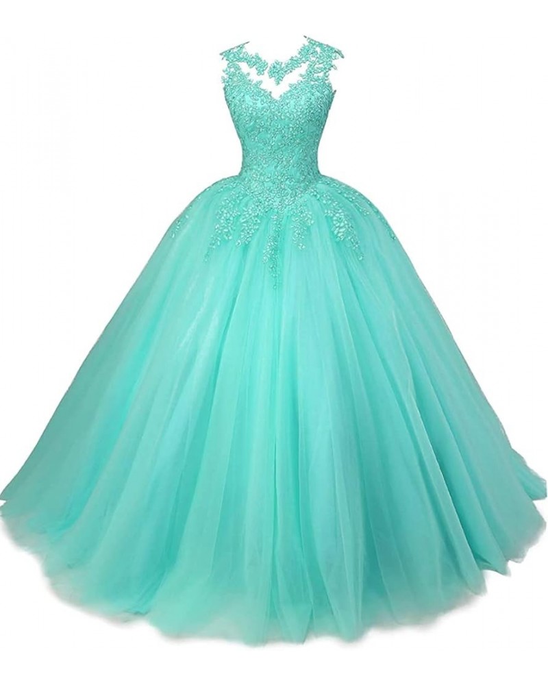 Women's Sleeveless Beaded Lace Quinceanera Dresses Sweet 16 Puffy Tulle Prom Ball Gown Turquoise $36.48 Dresses