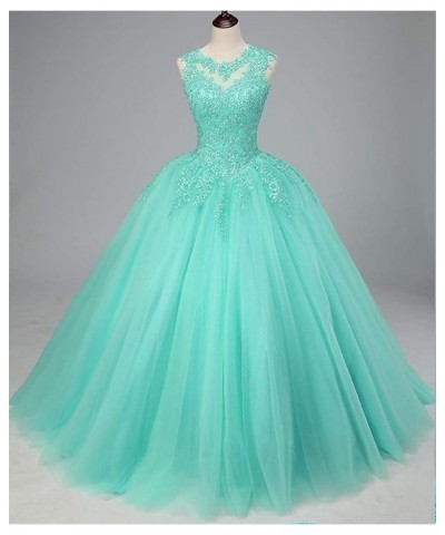 Women's Sleeveless Beaded Lace Quinceanera Dresses Sweet 16 Puffy Tulle Prom Ball Gown Turquoise $36.48 Dresses