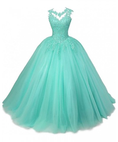 Women's Sleeveless Beaded Lace Quinceanera Dresses Sweet 16 Puffy Tulle Prom Ball Gown Turquoise $36.48 Dresses