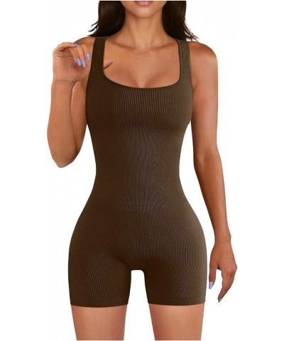 Workout Jumpsuits for Women Casual Summer Bodysuits Shorts Stretchy Ribbed Overalls Square Neck Sleeveless Rompers A01-coffee...