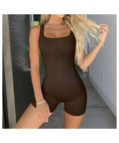 Workout Jumpsuits for Women Casual Summer Bodysuits Shorts Stretchy Ribbed Overalls Square Neck Sleeveless Rompers A01-coffee...