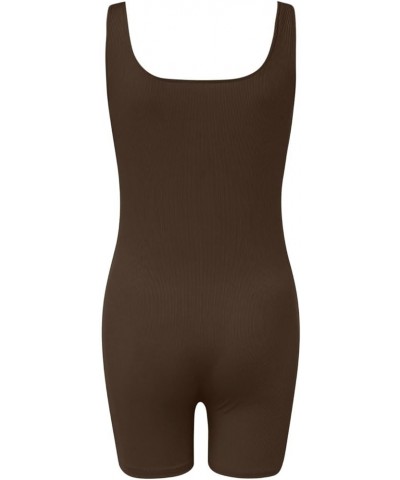 Workout Jumpsuits for Women Casual Summer Bodysuits Shorts Stretchy Ribbed Overalls Square Neck Sleeveless Rompers A01-coffee...