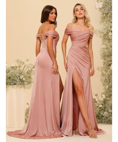 Off Shoulder Prom Dresses Long 2024 Satin Mermaid Bridesmaid Dresses with Slit Pleats Formal Evening Gowns Steel Blue $27.30 ...