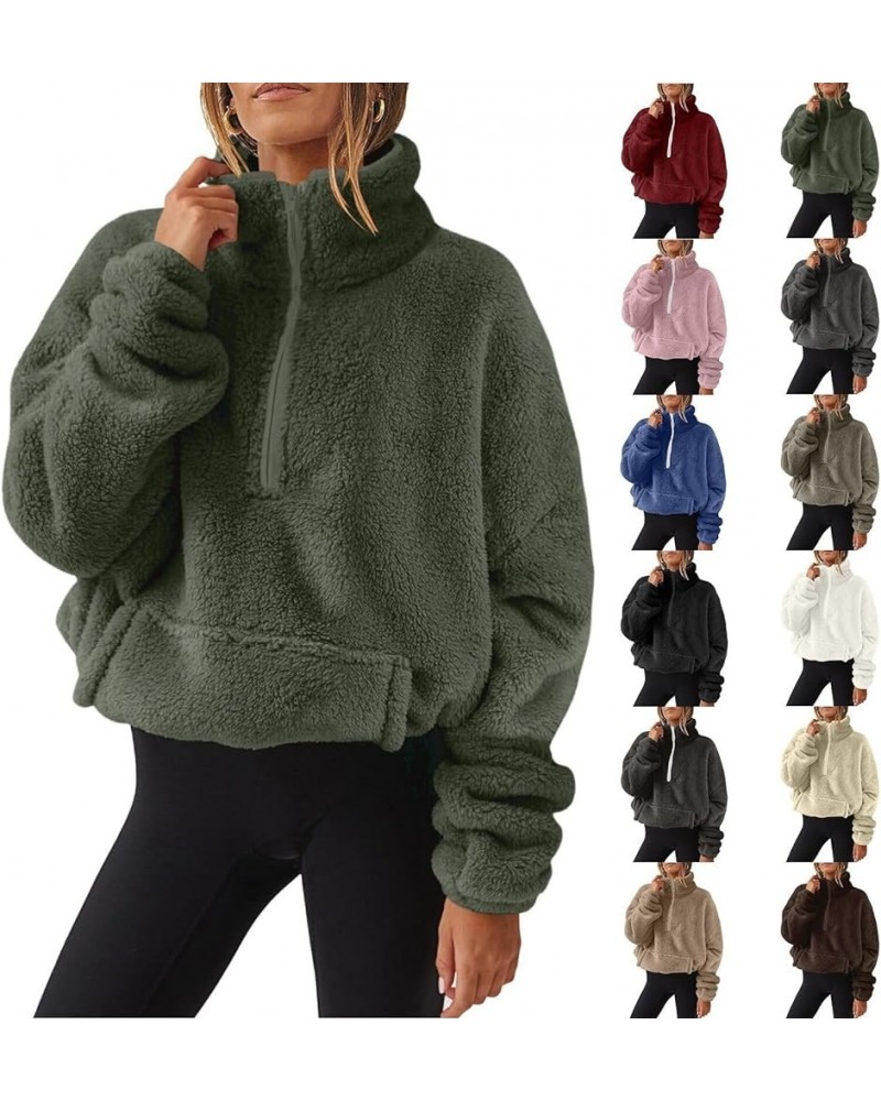 Half Zip Pullover Women 2024 Winter Fluffy Fleece Sweatshirts Plus Size Warm Turtleneck with Pocket Cute Outfits A-dark Green...