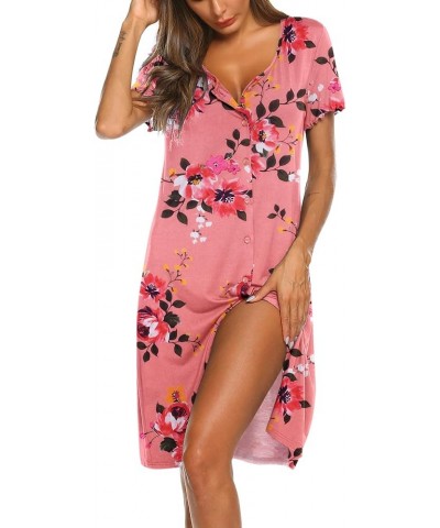 Women's Nightshirt Short Sleeve Button Down Nightgown V-Neck Sleepwear Pajama Dress A-pat27 Pink Flower $10.75 Sleep & Lounge