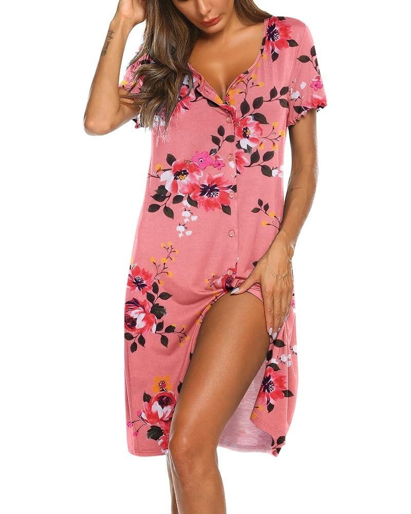 Women's Nightshirt Short Sleeve Button Down Nightgown V-Neck Sleepwear Pajama Dress A-pat27 Pink Flower $10.75 Sleep & Lounge