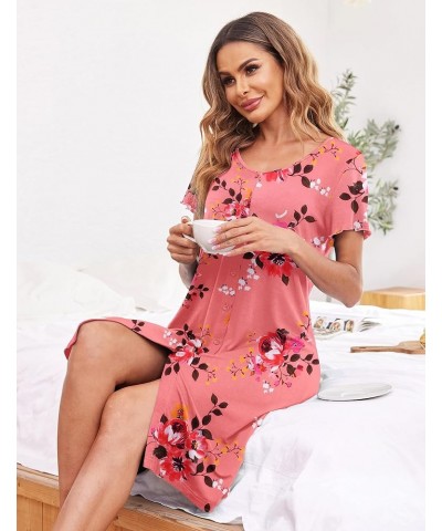 Women's Nightshirt Short Sleeve Button Down Nightgown V-Neck Sleepwear Pajama Dress A-pat27 Pink Flower $10.75 Sleep & Lounge