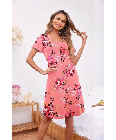 Women's Nightshirt Short Sleeve Button Down Nightgown V-Neck Sleepwear Pajama Dress A-pat27 Pink Flower $10.75 Sleep & Lounge