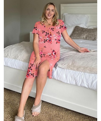 Women's Nightshirt Short Sleeve Button Down Nightgown V-Neck Sleepwear Pajama Dress A-pat27 Pink Flower $10.75 Sleep & Lounge