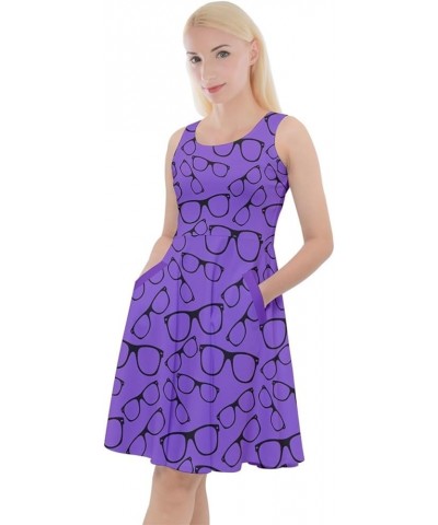 Womens Knee Length Skater Dress with Pockets Glasses Retro Sunglasses Sleeveless Skater Dress, XS-5XL Purple 3 $17.39 Others