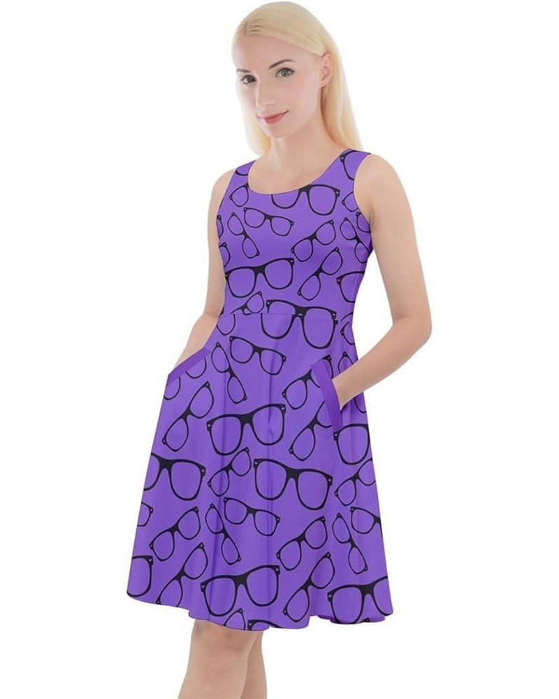 Womens Knee Length Skater Dress with Pockets Glasses Retro Sunglasses Sleeveless Skater Dress, XS-5XL Purple 3 $17.39 Others