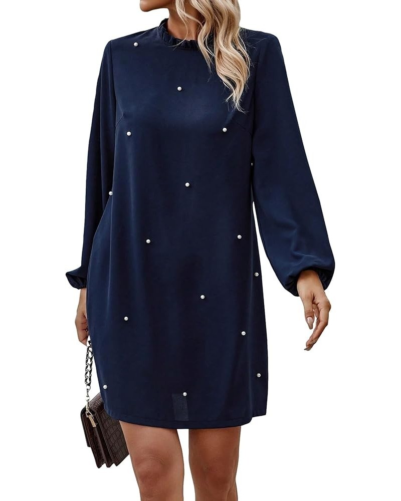 Women's Pearls Beaded Mock Neck Long Sleeve Dress Casual Frill Trim Mini Tunic Dress Navy Blue $24.19 Dresses