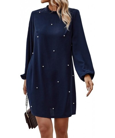 Women's Pearls Beaded Mock Neck Long Sleeve Dress Casual Frill Trim Mini Tunic Dress Navy Blue $24.19 Dresses