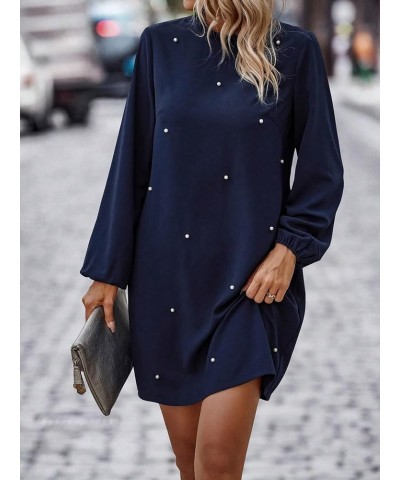 Women's Pearls Beaded Mock Neck Long Sleeve Dress Casual Frill Trim Mini Tunic Dress Navy Blue $24.19 Dresses