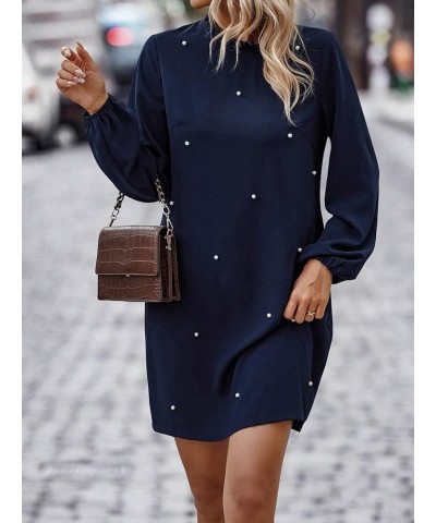 Women's Pearls Beaded Mock Neck Long Sleeve Dress Casual Frill Trim Mini Tunic Dress Navy Blue $24.19 Dresses