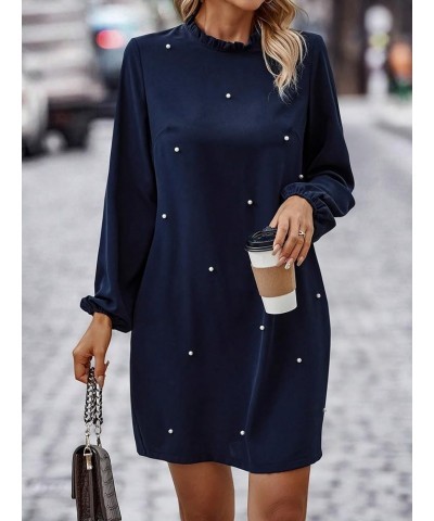 Women's Pearls Beaded Mock Neck Long Sleeve Dress Casual Frill Trim Mini Tunic Dress Navy Blue $24.19 Dresses