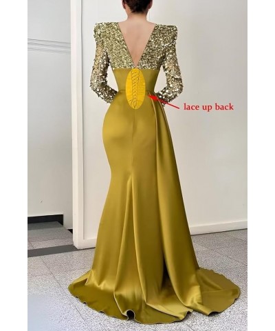 V Neck Sequin Mermaid Prom Dresses for Women Silk Satin Long Sleeve Evening Gown with Slit Formal Wedding Party Dresses Black...