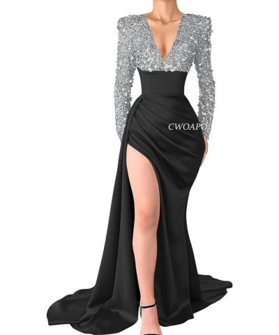 V Neck Sequin Mermaid Prom Dresses for Women Silk Satin Long Sleeve Evening Gown with Slit Formal Wedding Party Dresses Black...